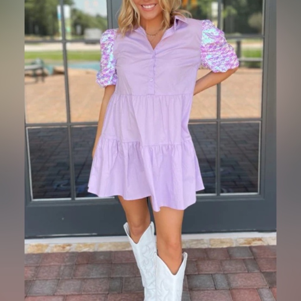 Purple Sequin Puff Sleeve Dress